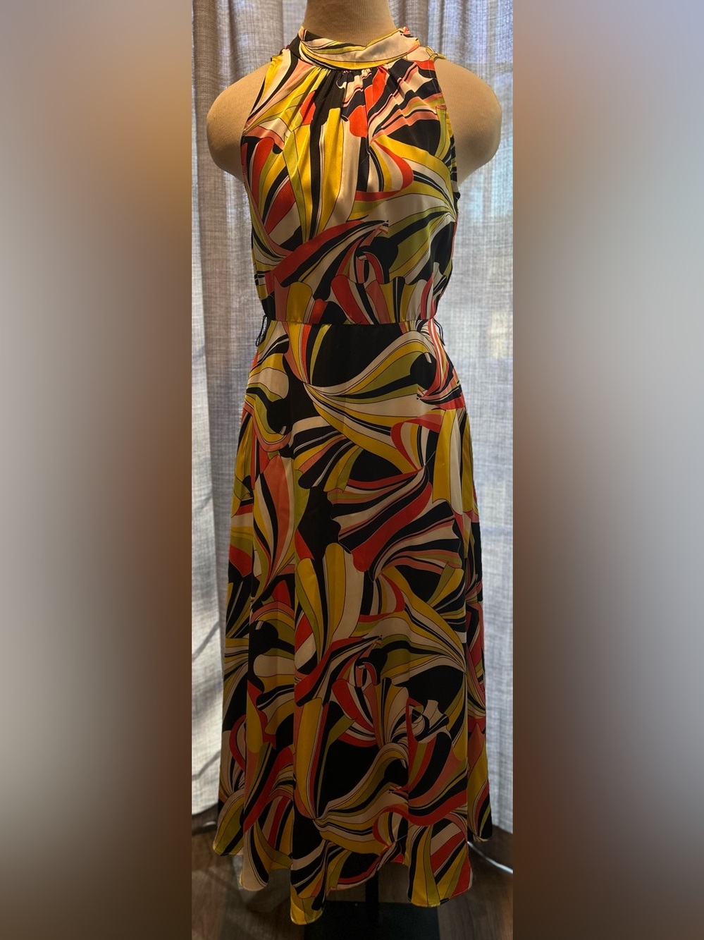 Anne Klein Black A-Line Midi Skirt with Yellow & Coral Swirl Print